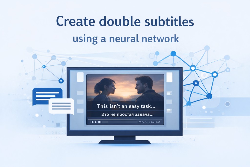 Illustration: monitor displaying video with English and Russian dual subtitles (This isn't an easy task...). Neural network nodes in background, title Create double subtitles using a neural network. Article cover on dual subtitles and AI.
