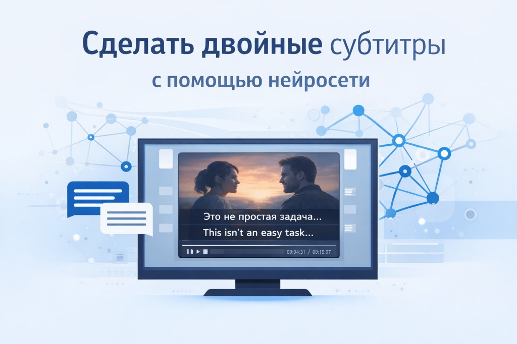 Иллюстрация: монитор с видео и двойными субтитрами — «Это не простая задача...» на русском и английском. Фон с узлами нейросети, заголовок «Сделать двойные субтитры с помощью нейросети». Статья о том, почему для объединения субтитров лучше использовать сервисы, а не нейросети.